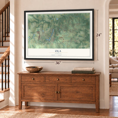 Ola, Georgia map, 24 x 36 inch print in a black frame above a dresser by a staircase