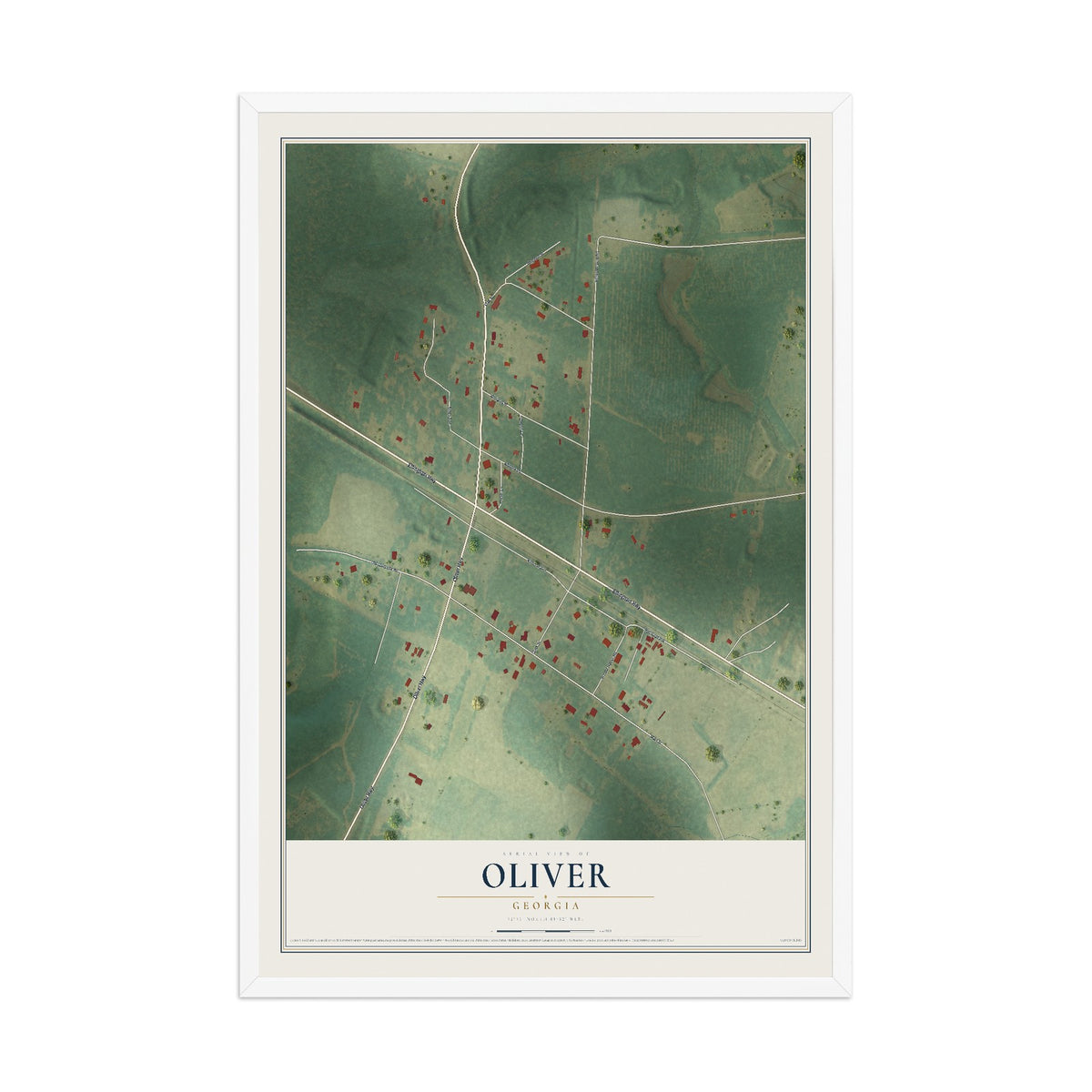 Oliver, Georgia map print, 12" x 18" W/ White Ayous Wood Frame mockup