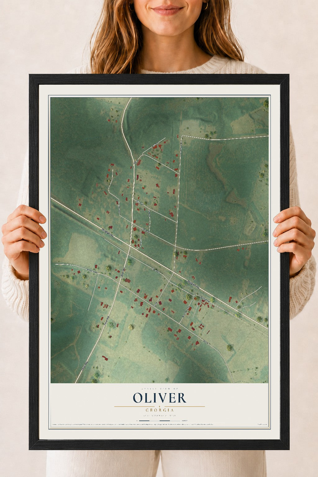 Oliver, Georgia map print, 18" x 24" W/ Black Ayous Wood Frame mockup