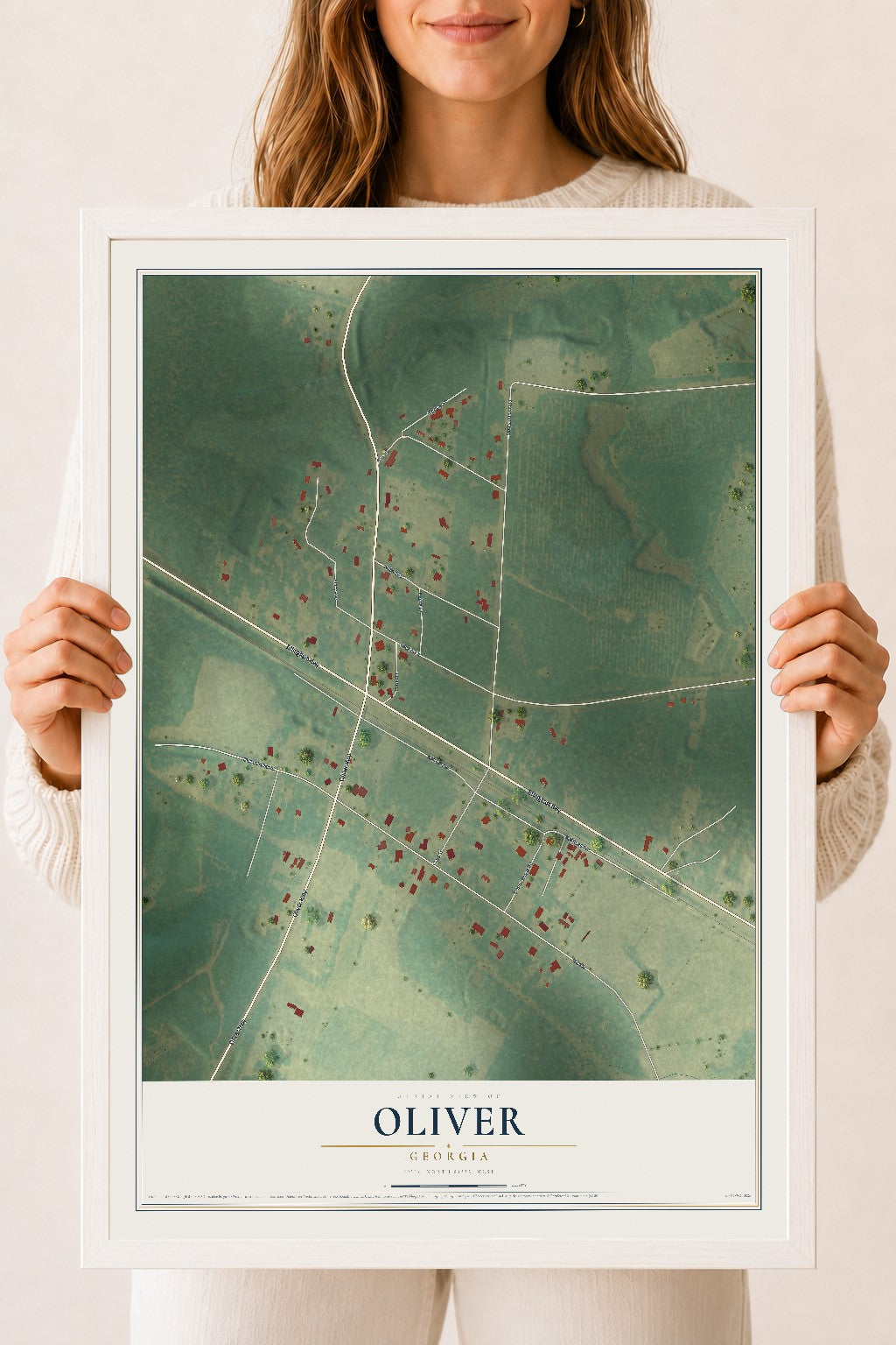 Oliver, Georgia map print, 18" x 24" W/ White Ayous Wood Frame mockup