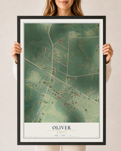 Oliver, Georgia map print, 24" x 36" W/ Black Ayous Wood Frame mockup