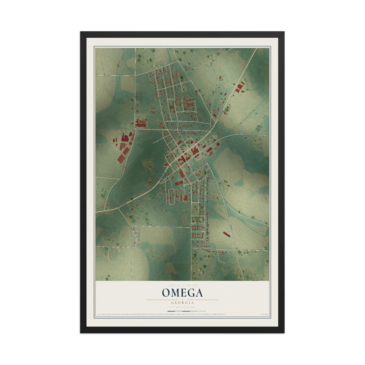 Omega, Georgia map print, 12" x 18" W/ Black Ayous Wood Frame mockup