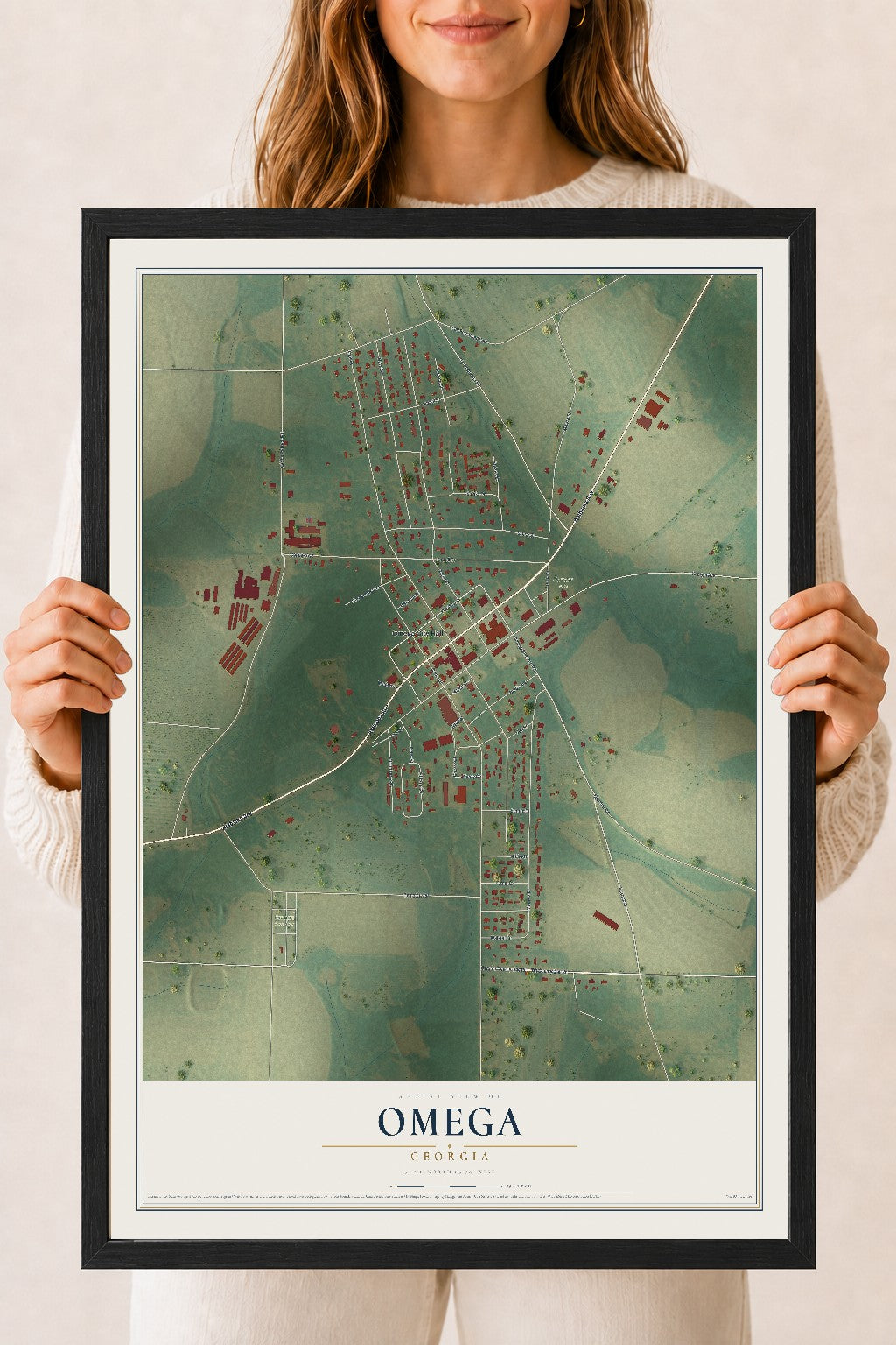 Omega, Georgia map print, 18" x 24" W/ Black Ayous Wood Frame mockup