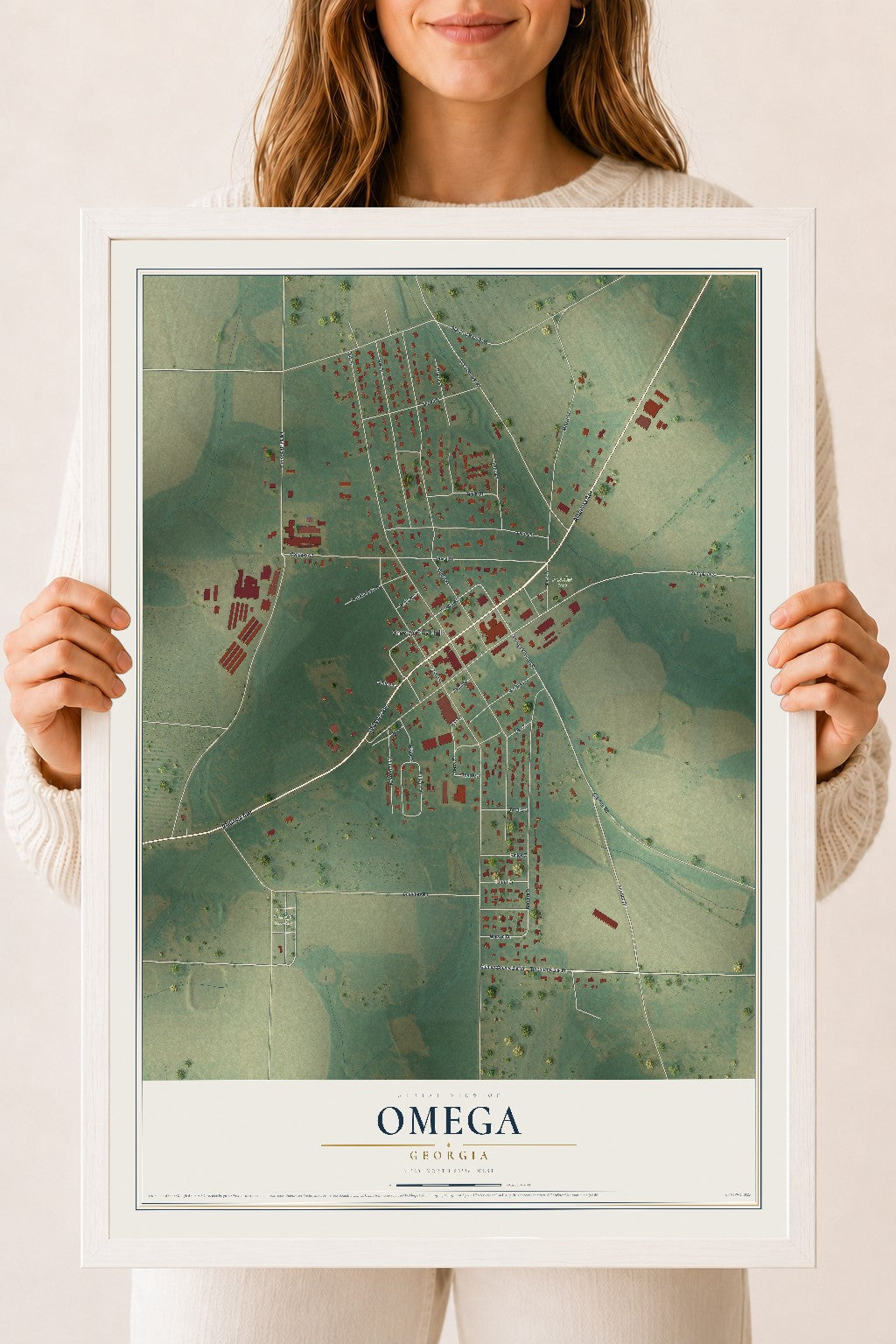 Omega, Georgia map print, 18" x 24" W/ White Ayous Wood Frame mockup