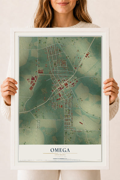 Omega, Georgia map print, 18" x 24" W/ White Ayous Wood Frame mockup