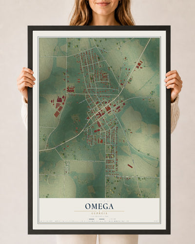 Omega, Georgia map print, 24" x 36" W/ Black Ayous Wood Frame mockup