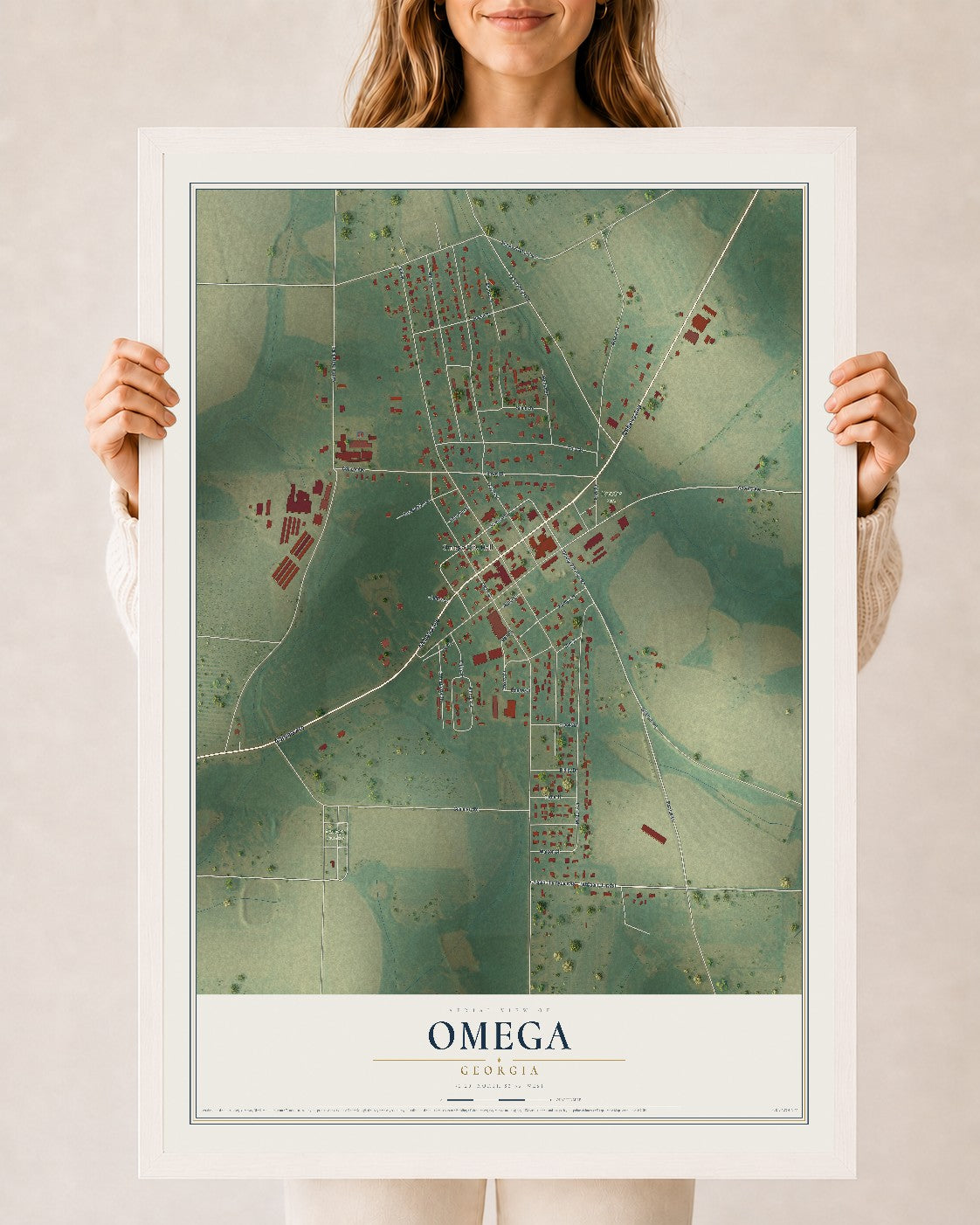 Omega, Georgia map print, 24" x 36" W/ White Ayous Wood Frame mockup