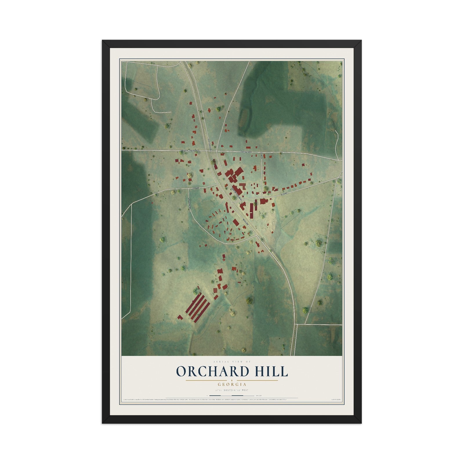 Orchard Hill, Georgia map print, 12" x 18" W/ Black Ayous Wood Frame mockup