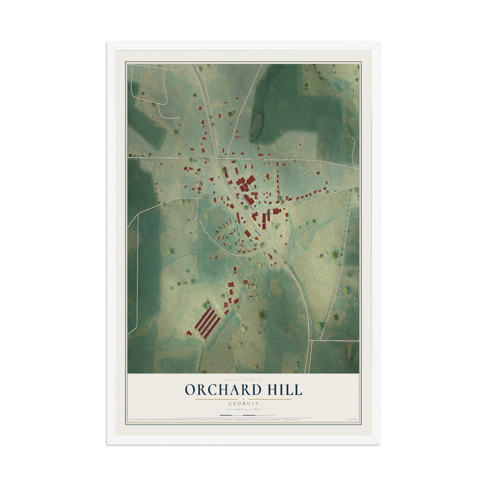 Orchard Hill, Georgia map print, 12" x 18" W/ White Ayous Wood Frame mockup