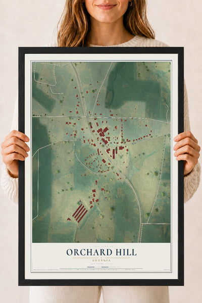 Orchard Hill, Georgia map print, 18" x 24" W/ Black Ayous Wood Frame mockup