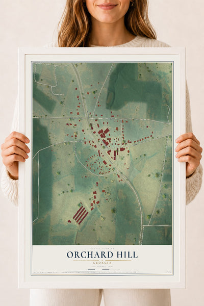 Orchard Hill, Georgia map print, 18" x 24" W/ White Ayous Wood Frame mockup