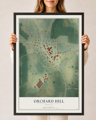 Orchard Hill, Georgia map print, 24" x 36" W/ Black Ayous Wood Frame mockup
