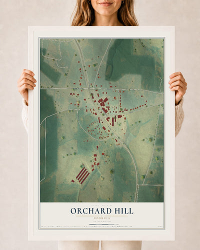 Orchard Hill, Georgia map print, 24" x 36" W/ White Ayous Wood Frame mockup