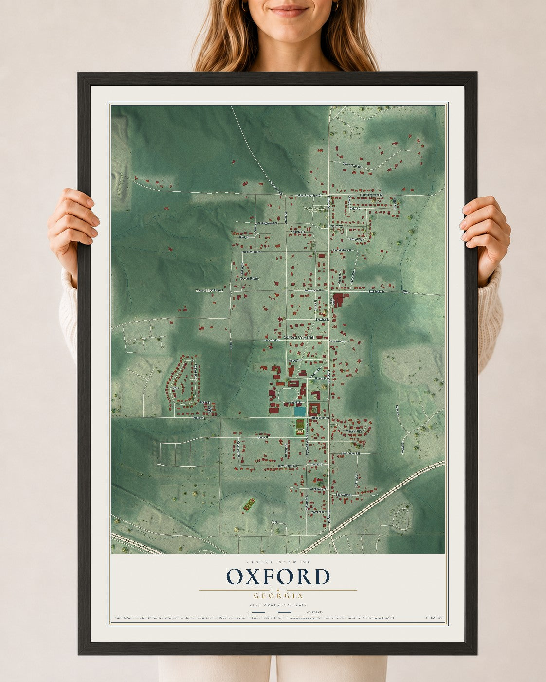 Oxford, Georgia map print, 24" x 36" W/ Black Ayous Wood Frame mockup