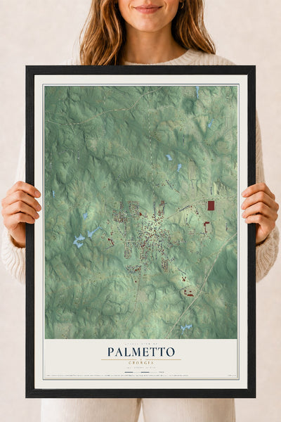 Palmetto, Georgia map print, 18" x 24" W/ Black Ayous Wood Frame mockup