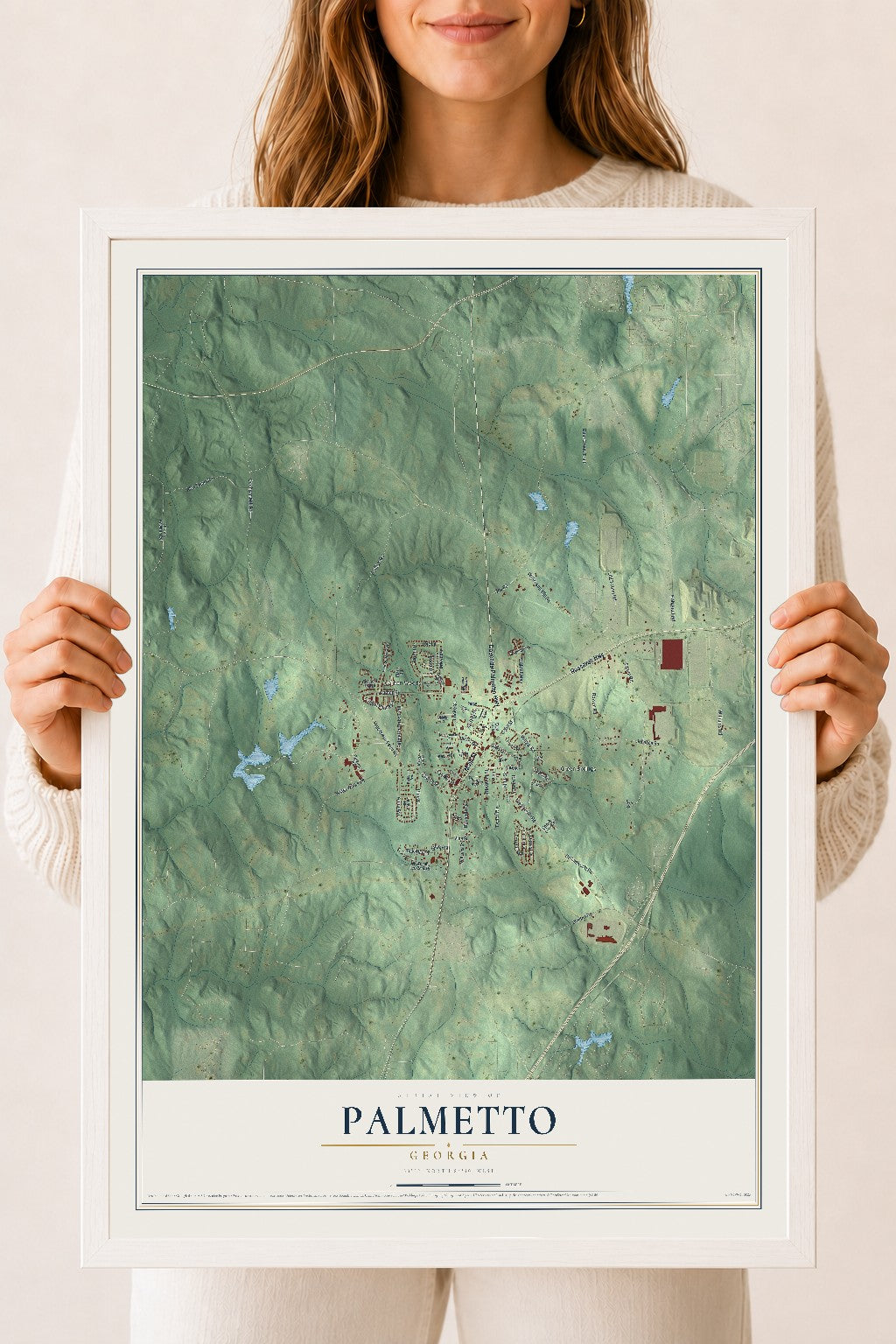 Palmetto, Georgia map print, 18" x 24" W/ White Ayous Wood Frame mockup
