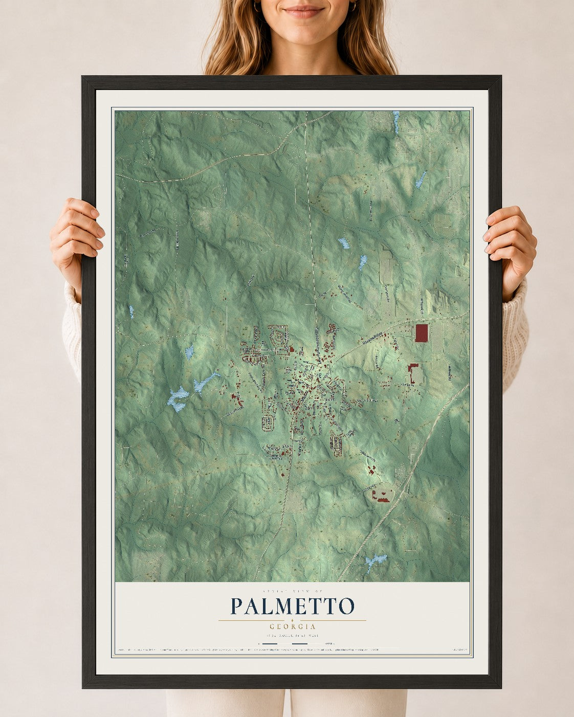 Palmetto, Georgia map print, 24" x 36" W/ Black Ayous Wood Frame mockup