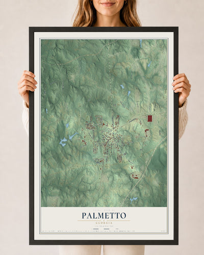 Palmetto, Georgia map print, 24" x 36" W/ Black Ayous Wood Frame mockup