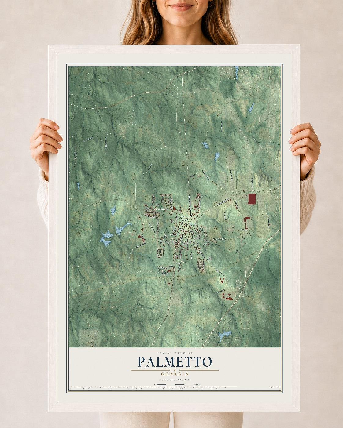 Palmetto, Georgia map print, 24" x 36" W/ White Ayous Wood Frame mockup