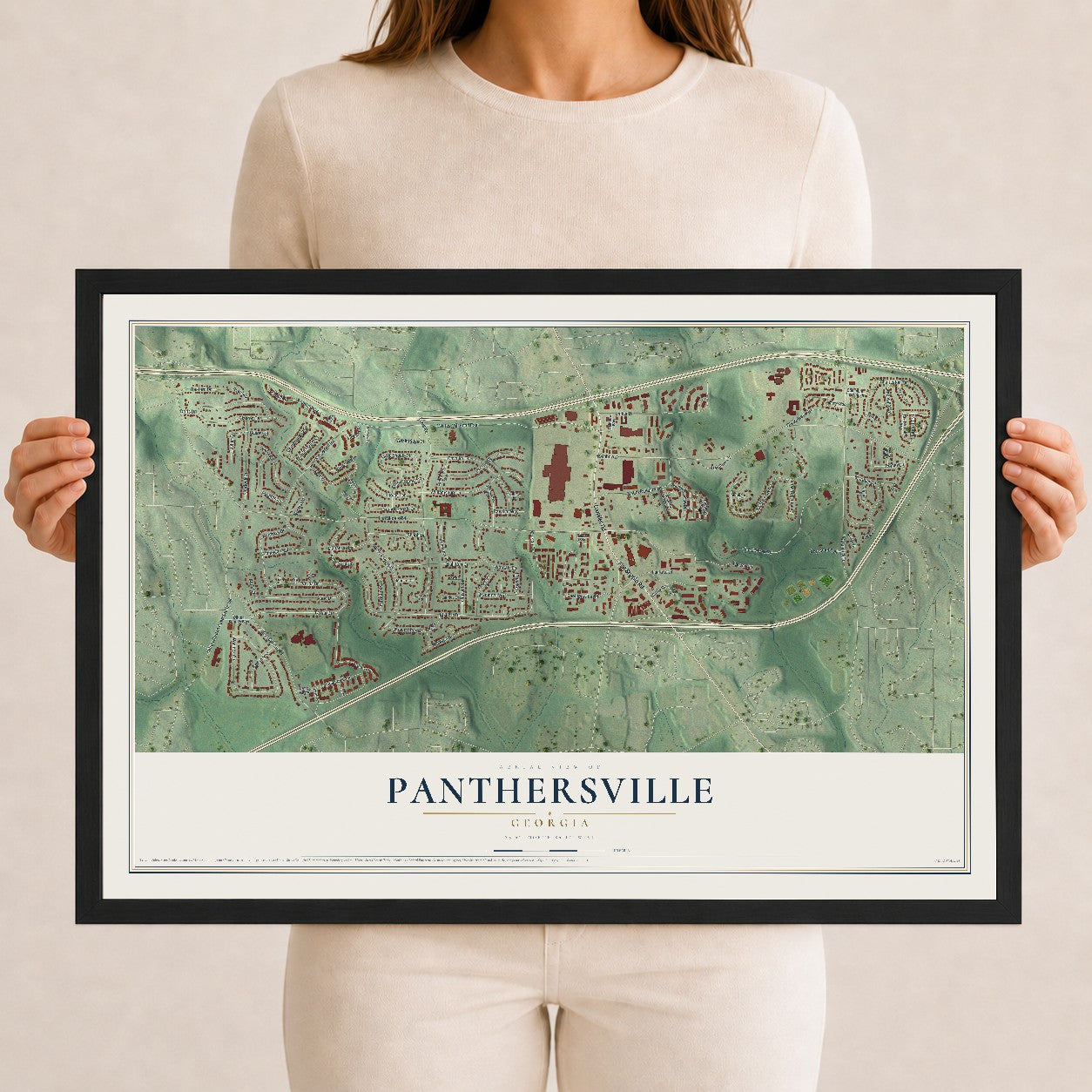 Panthersville, Georgia map print, 12" x 18" W/ Black Ayous Wood Frame mockup