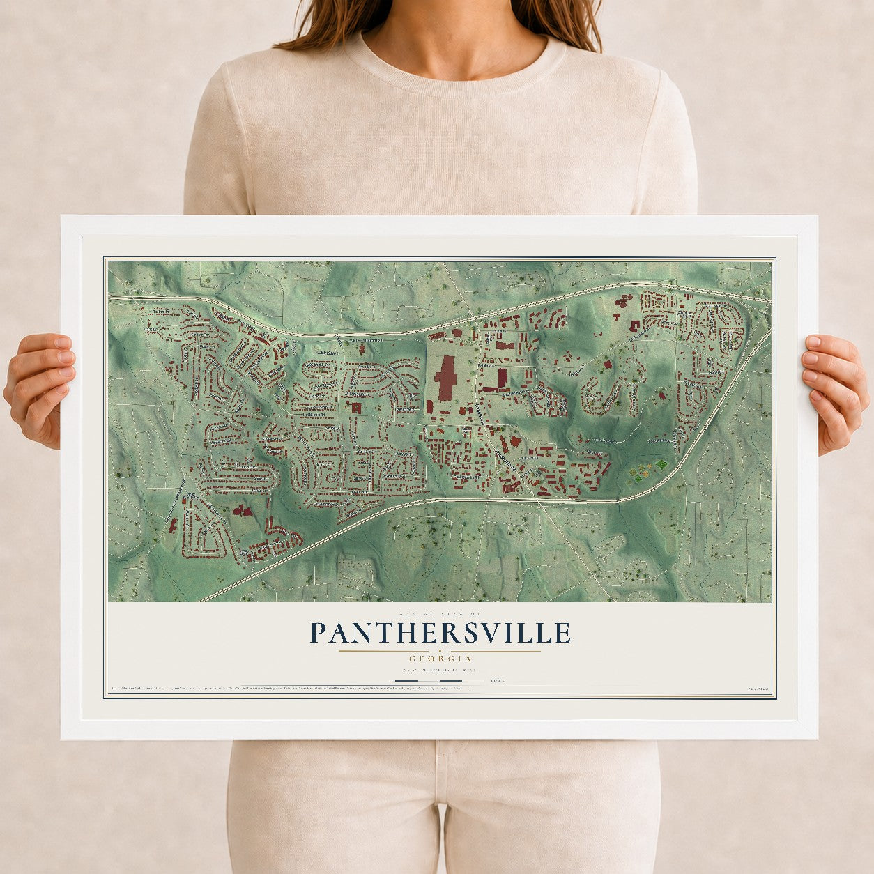 Panthersville, Georgia map print, 12" x 18" W/ White Ayous Wood Frame mockup