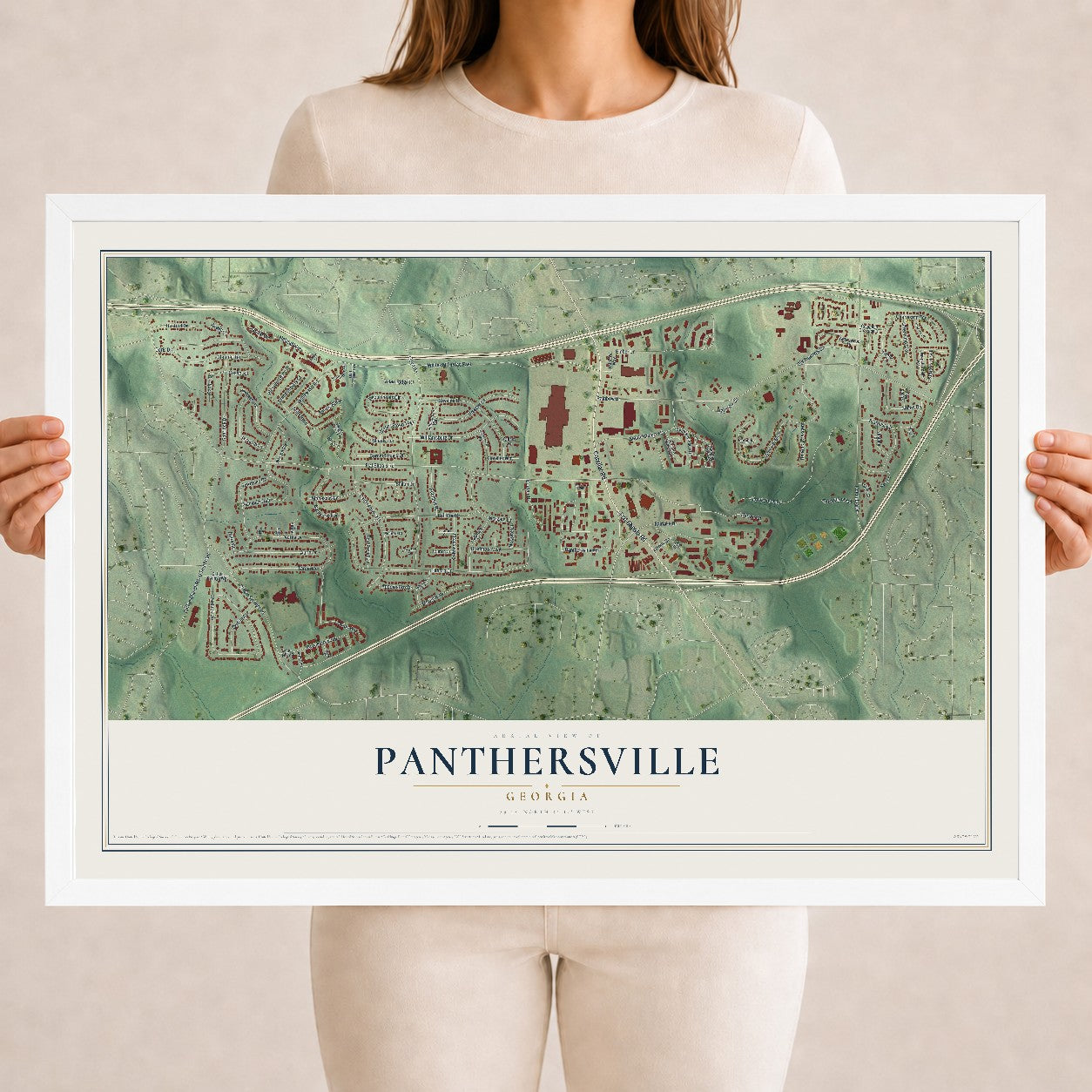 Panthersville, Georgia map print, 18" x 24" W/ White Ayous Wood Frame mockup
