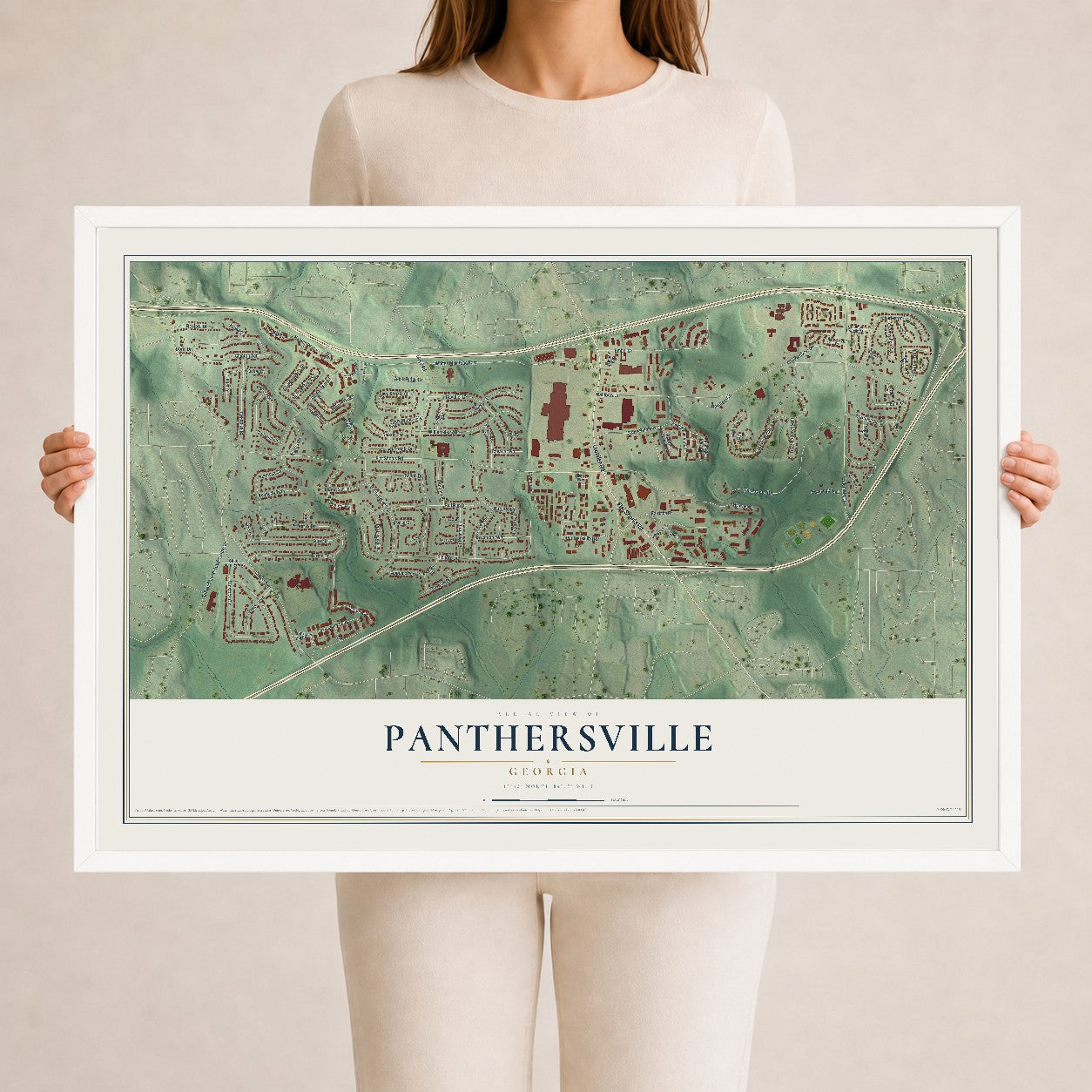 Panthersville, Georgia map print, 24" x 36" W/ White Ayous Wood Frame mockup