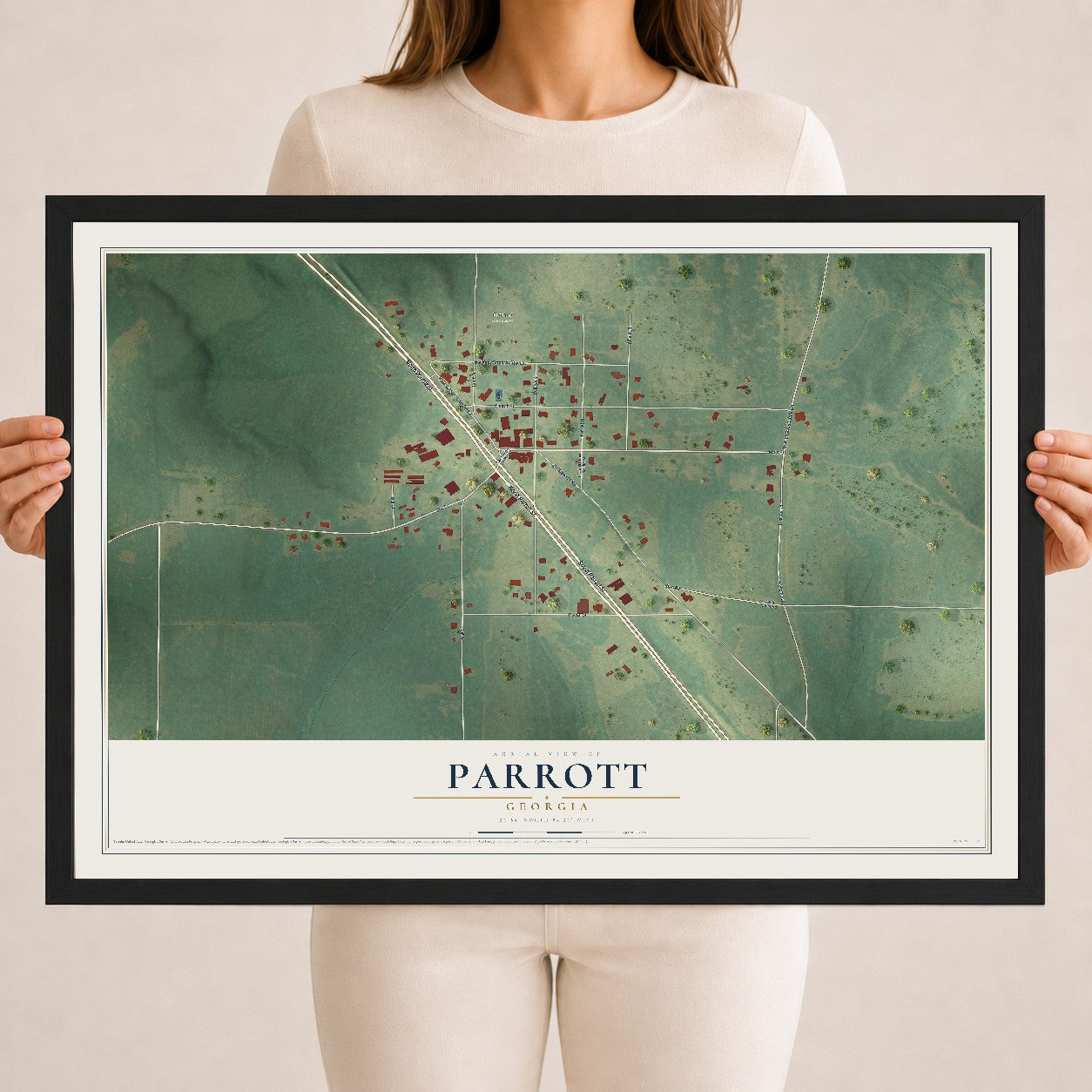 Parrott, Georgia map print, 18" x 24" W/ Black Ayous Wood Frame mockup