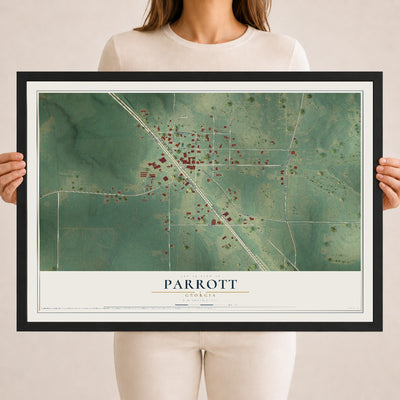 Parrott, Georgia map print, 18" x 24" W/ Black Ayous Wood Frame mockup