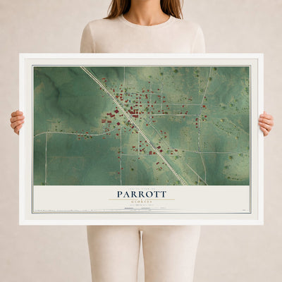 Parrott, Georgia map print, 24" x 36" W/ White Ayous Wood Frame mockup