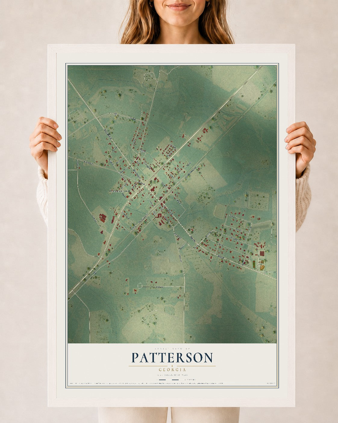Patterson, Georgia map print, 24" x 36" W/ White Ayous Wood Frame mockup