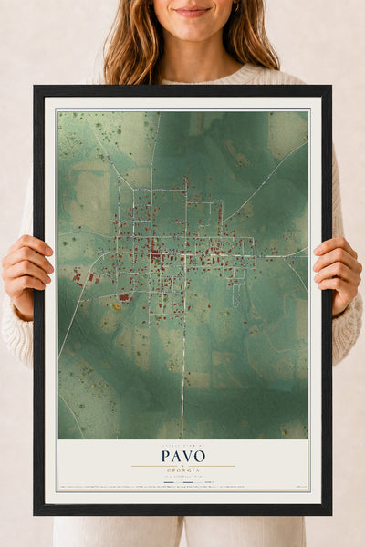 Pavo, Georgia map print, 18" x 24" W/ Black Ayous Wood Frame mockup