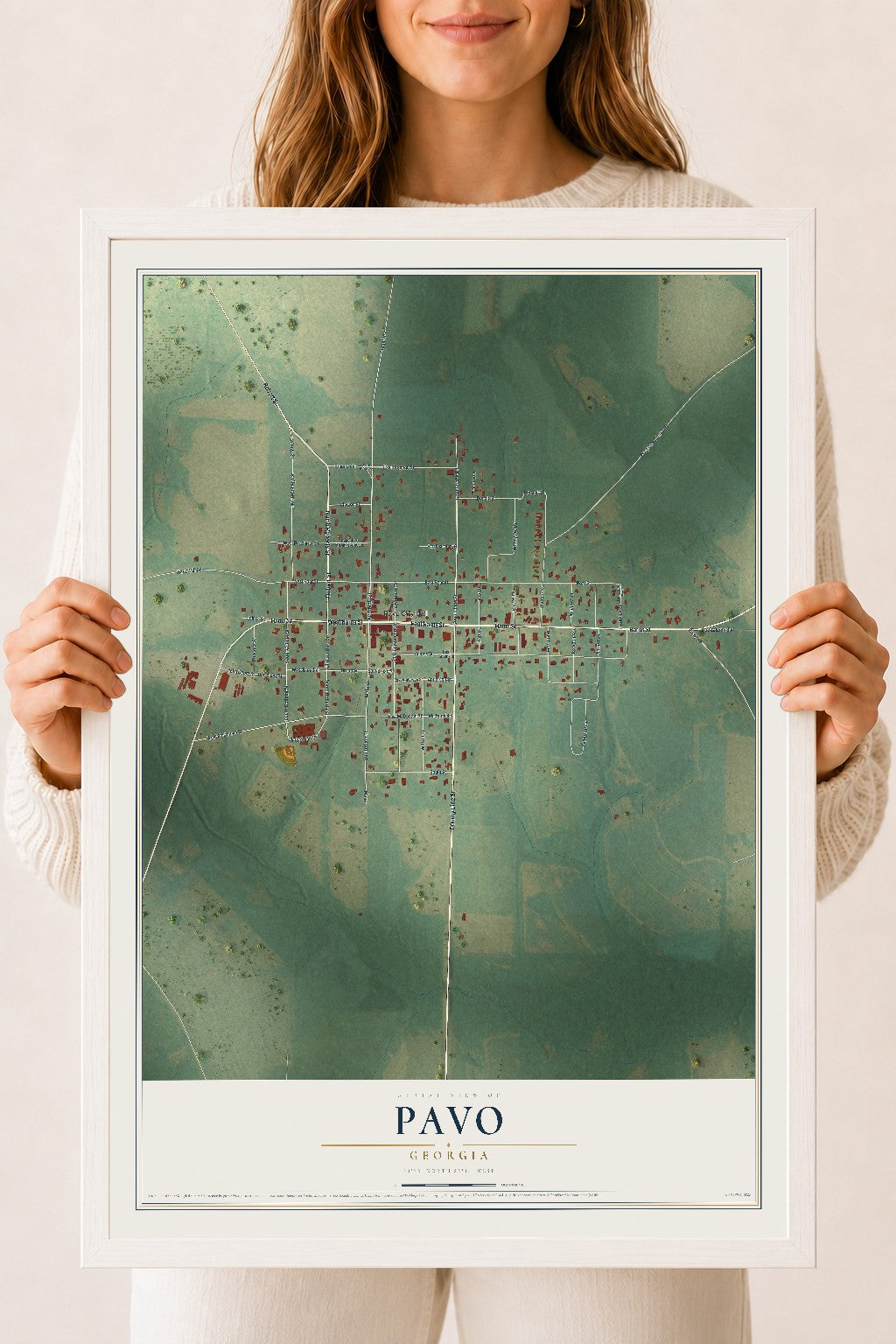 Pavo, Georgia map print, 18" x 24" W/ White Ayous Wood Frame mockup