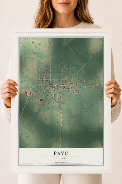 Pavo, Georgia map print, 18" x 24" W/ White Ayous Wood Frame mockup