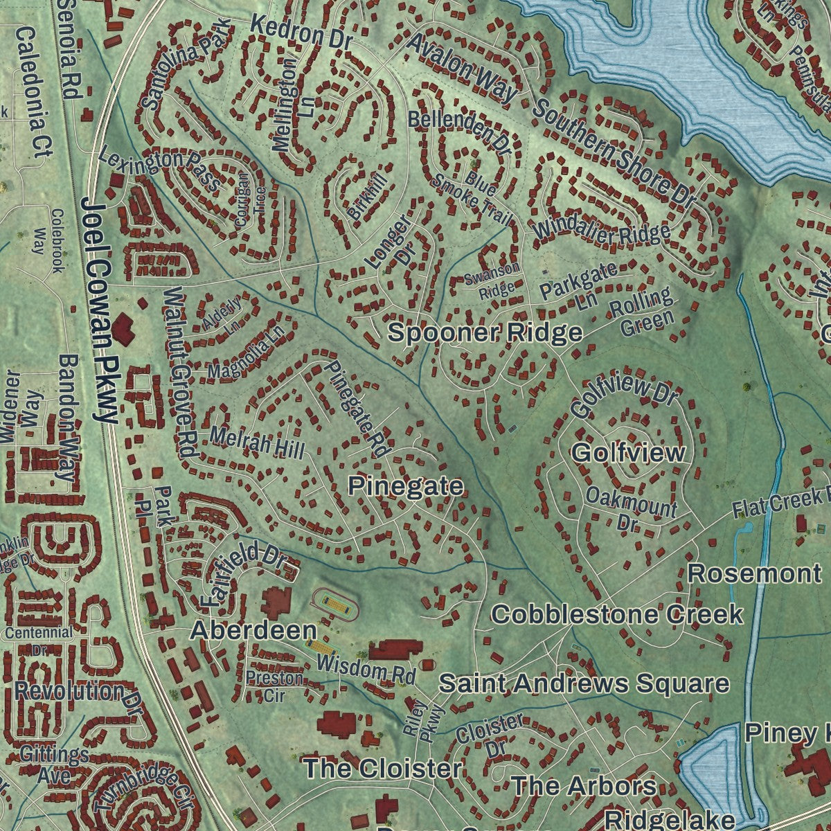 Close-up 1 of the Peachtree City, Georgia map artwork