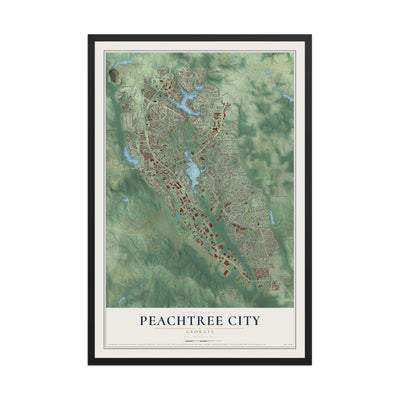 Peachtree City, Georgia map print, 12" x 18" W/ Black Ayous Wood Frame mockup