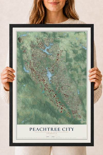 Peachtree City, Georgia map print, 18" x 24" W/ Black Ayous Wood Frame mockup