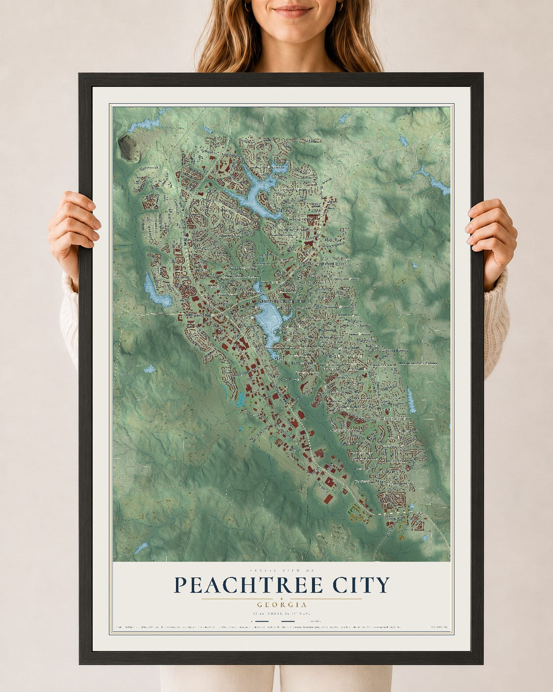 Peachtree City, Georgia map print, 24" x 36" W/ Black Ayous Wood Frame mockup