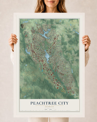 Peachtree City, Georgia map print, 24" x 36" W/ White Ayous Wood Frame mockup