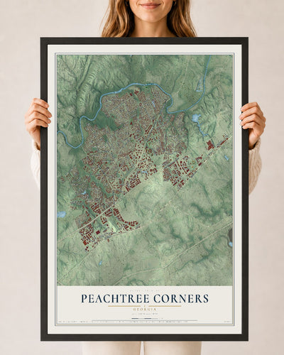 Peachtree Corners, Georgia map print, 24" x 36" W/ Black Ayous Wood Frame mockup