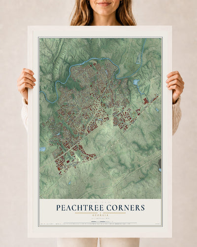 Peachtree Corners, Georgia map print, 24" x 36" W/ White Ayous Wood Frame mockup