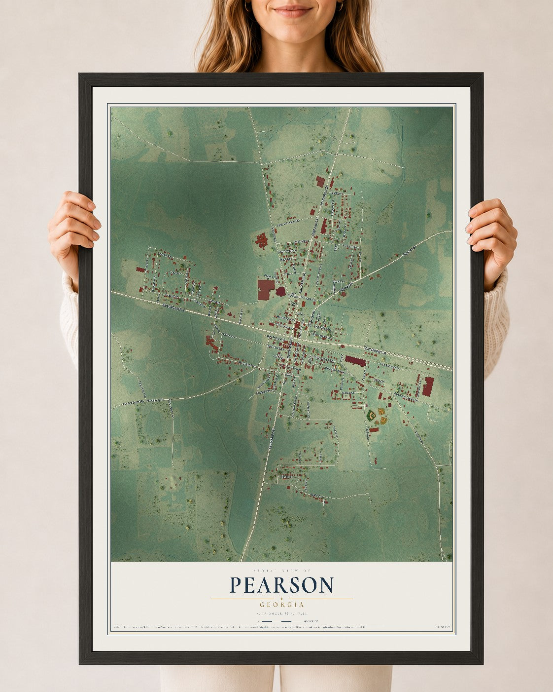 Pearson, Georgia map print, 24" x 36" W/ Black Ayous Wood Frame mockup