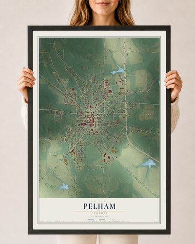Pelham, Georgia map print, 24" x 36" W/ Black Ayous Wood Frame mockup