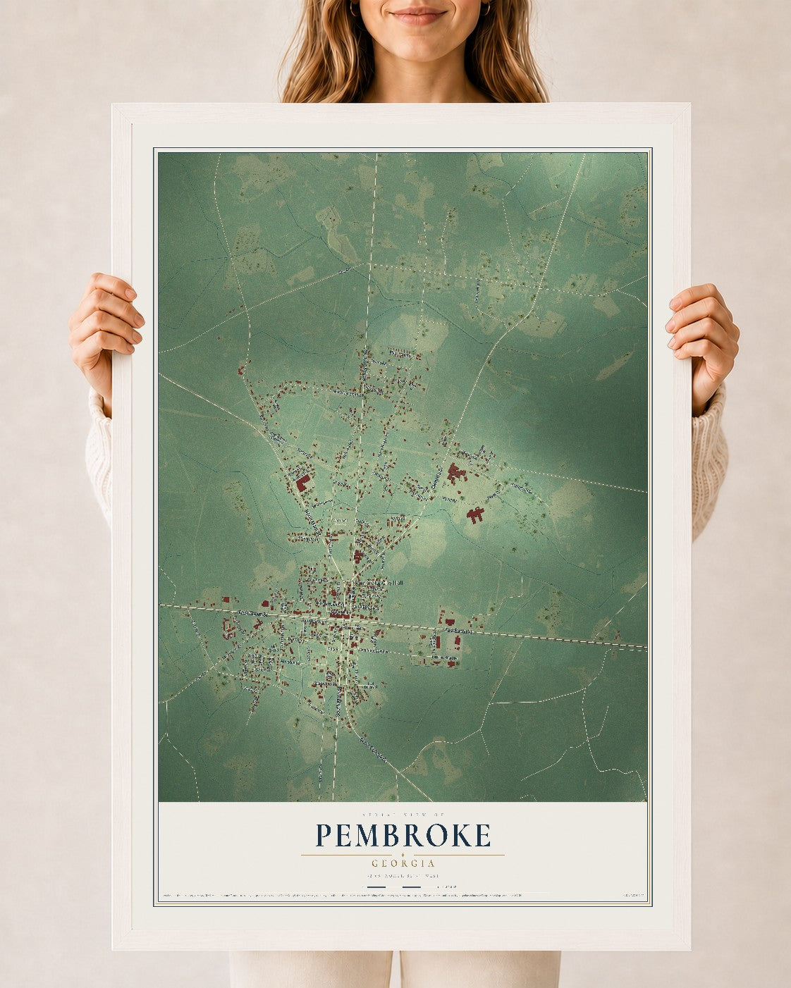 Pembroke, Georgia map print, 24" x 36" W/ White Ayous Wood Frame mockup