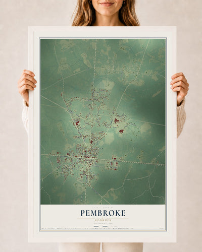 Pembroke, Georgia map print, 24" x 36" W/ White Ayous Wood Frame mockup