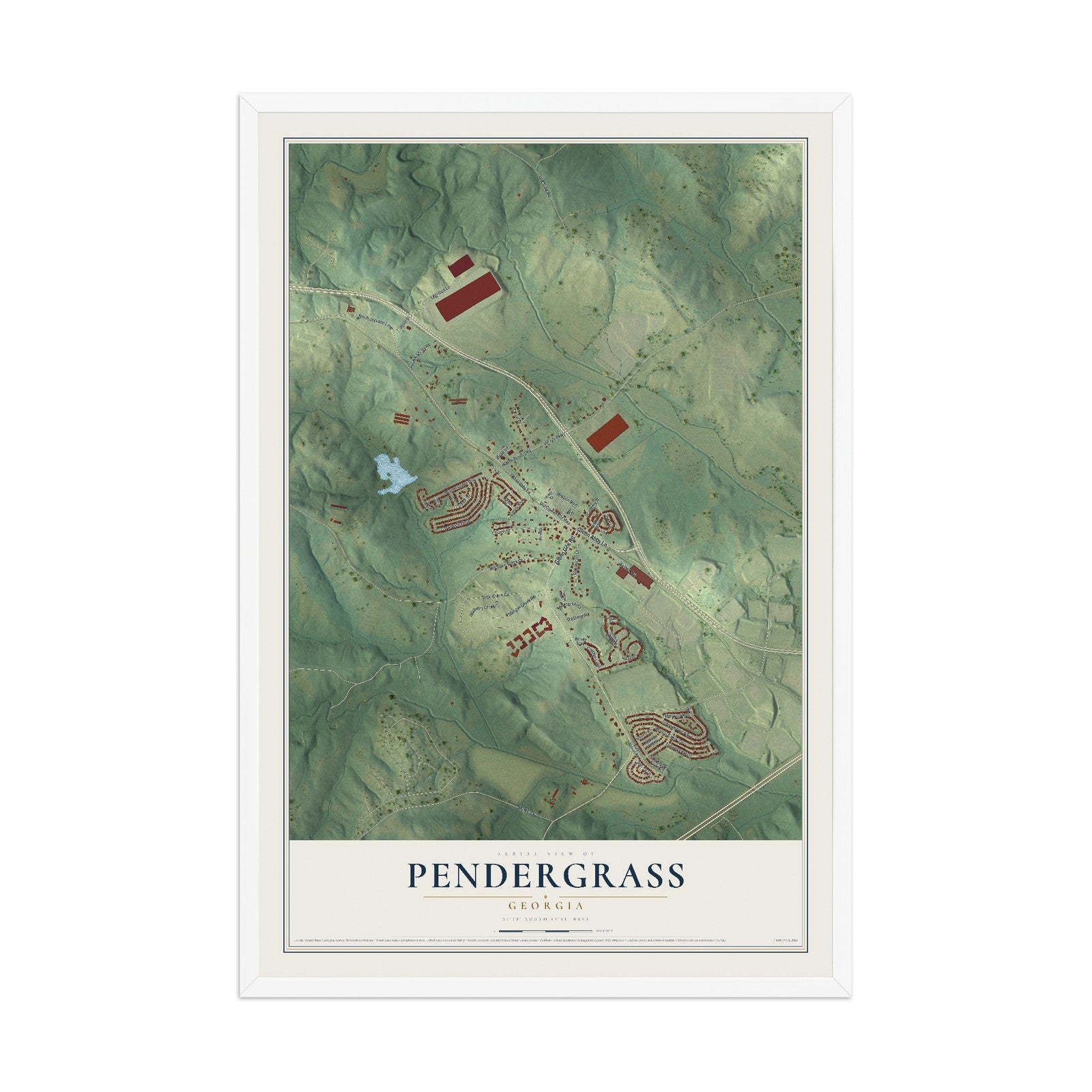 Pendergrass, Georgia map print, 12" x 18" W/ White Ayous Wood Frame mockup