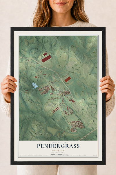 Pendergrass, Georgia map print, 18" x 24" W/ Black Ayous Wood Frame mockup
