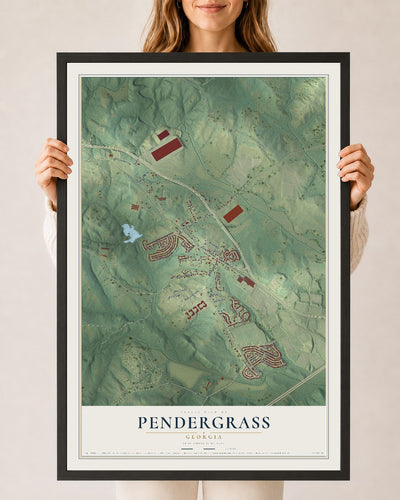 Pendergrass, Georgia map print, 24" x 36" W/ Black Ayous Wood Frame mockup