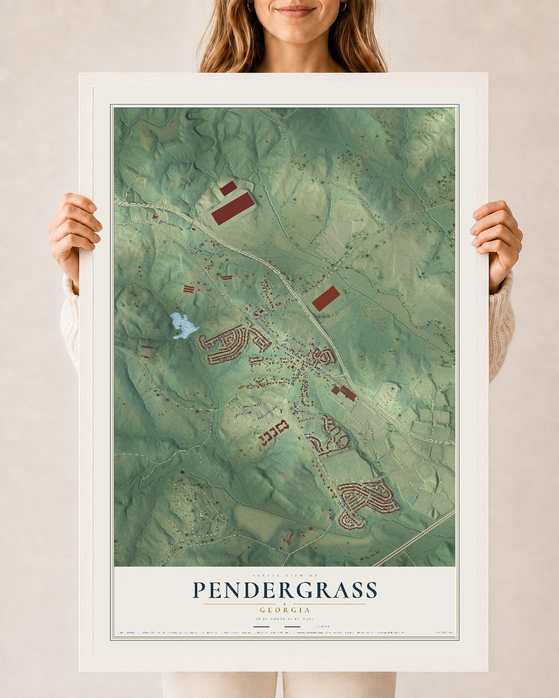 Pendergrass, Georgia map print, 24" x 36" W/ White Ayous Wood Frame mockup