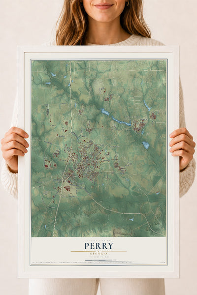 Perry, Georgia map print, 18" x 24" W/ White Ayous Wood Frame mockup